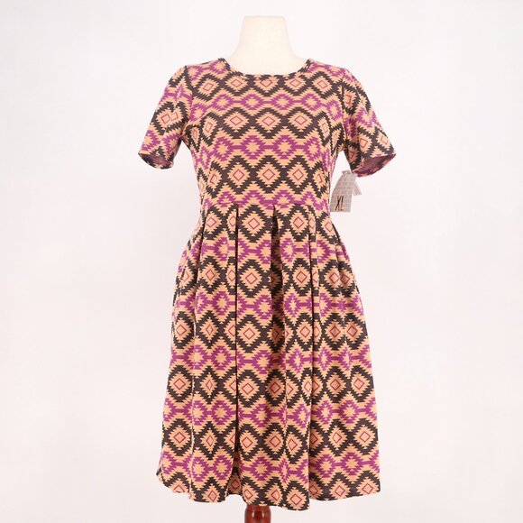 NWT LuLaRoe Amelia Pleated Fit & Flare Dress Peach Brown Geo Print Size XL - Picture 1 of 7